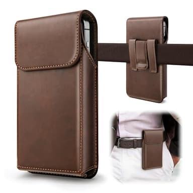 Cverny Leather Phone Holster, Universal Leather Holster Compatible with iPhone 16, 16 Pro Max, iPhone 15 Pro Max, 15 Plus... Galaxy S24... Cell Phone Holster with Belt Clip for Men Coffee (L) - Image 1