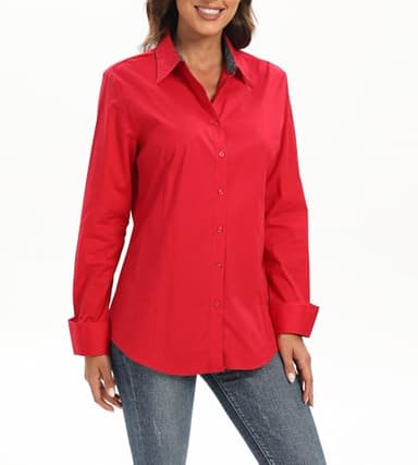 Esabel.C Womens Button Down Shirts Long Sleeve Regular Fit Stretch Work Blouse Red M - Image 4