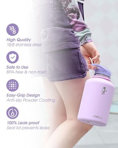 Coolflask Half Gallon Water Bottle with Strap, 64oz Insulated Water Jug Stainless Steel with Straw & Spout Lids, Metal Large Water Flask, Keep Cold 48h Hot 24h, Leak Proof & Non-BPA, Lavender - Image 5