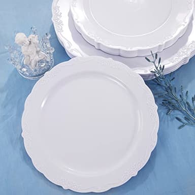 U-QE 60PCS White Plastic Plates for Party - High End Disposable Plates for Weddings - White Plates Disposable Heavy Duty Including 30PCS 10'' Dinner Plate & 30PCS 7.5'' Dessert Plate - Image 7