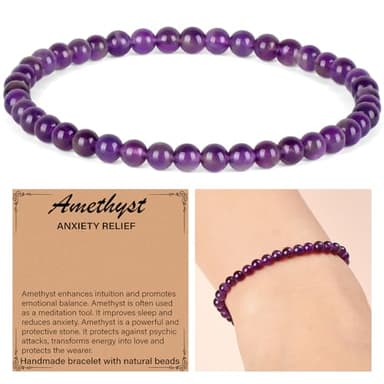 QOGIR Amethyst Bracelet - Anxiety Bracelet for Women Men - Handmade Natural Gem Stone Beaded Stretch Elastic Healing Bracelets 4mm - Image 2