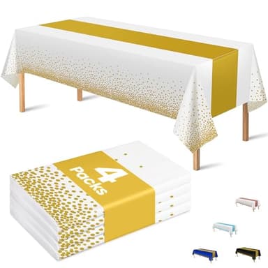 OHOME 4 Pack Disposable Plastic Table Cloths for Parties,White and Gold Rectangle Table Covers for Fall Decor Wedding Bridal Shower Birthday | Baptism Friendsgiving Thanksgiving Decorations 54" x 108" - Image 1