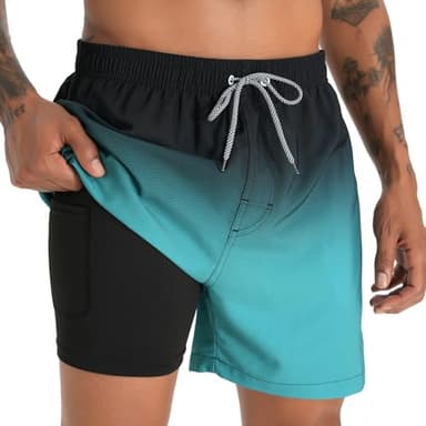 zeetoo Mens Swim Trunks with Compression Liner 5.5" Inseam Shorts Bathing Suit Quick Dry Swimsuit Gradient-Green M - Image 3
