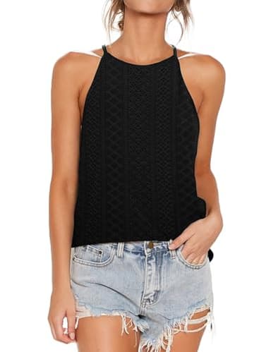 LouKeith Womens Tank Tops Eyelet Sleeveless Spaghetti Strap Halter Tops Loose Casual Summer Camisoles Shirts Black S - Image 1