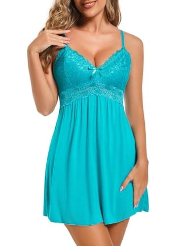 Ababoon Women Chemise Lingerie Lace Nightgown Sleepwear Dress Strap Modal Chemise Nightwear Plus Size Full Slip Turquoise 4XL - Image 1