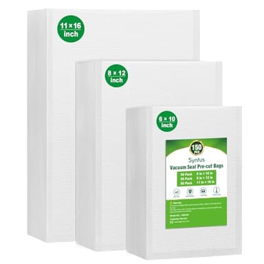 Syntus Vacuum Sealer Bags, 150 Gallon 11" x 16" and Quart 8" x 12" and Pint 6" x 10" Commercial Grade PreCut Bag, BPA Free Food Vac Bags for Storage, Meal Prep or Sous Vide - Image 1