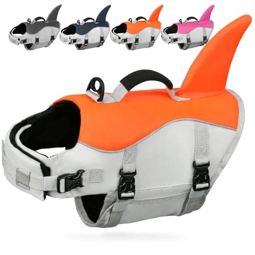 AMZNOVA Shark Dog Life Jacket, Swimming Vest with Handle, Dog Life Vest for Swimming & Boating, Ripstop & Buoyancy for Puppy Doggy, M, Bright Orange - Image 1