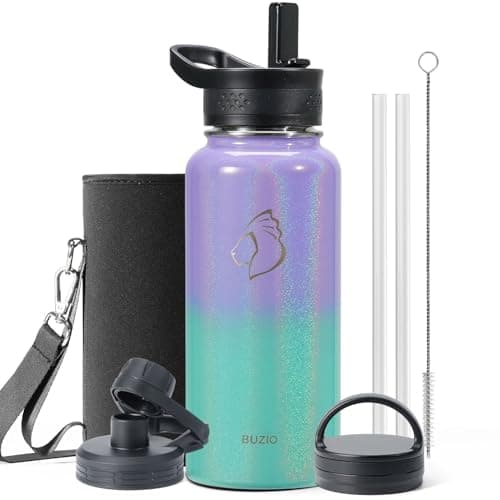 BUZIO 32 oz Water Bottle Insulated with Straw & 3 lid and Carrying Pouch, Leak Proof Anti-Slip Stainless Steel Water Flask Jug, Cold for 48 Hrs Double Vacuum Thermo Canteen, Pearlescent Purple Green - Image 1