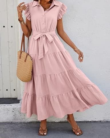 dowerme Women's Summer Dresses 2025 Cap Sleeve Button V Neck Tie Waist Pleated Tiered Loose Fit Boho Flowy Shirt Dress(Pink,Large) - Image 3