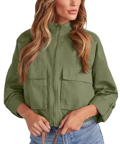 Tankaneo Women Casual Cropped Jackets Zip Up Lightweight Military Safari Short Utility Coat with Pockets - Image 2