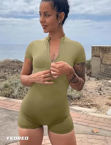 YEOREO Women Short Sleeve Workout Jumpsuit Zip Up Romper Bottom Shorts Bodysuit Bodycon Sexy One Piece Green XL - Image 3