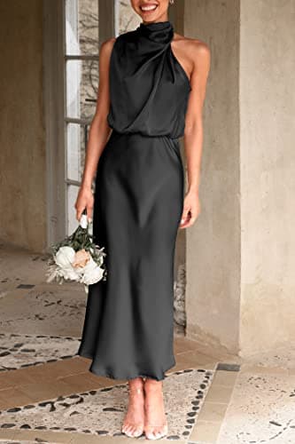 PRETTYGARDEN Women's 2025 Summer Satin Dress Elegant Sleeveless Mock Neck Cocktail Party Maxi Dresses (Black,Medium) - Image 2