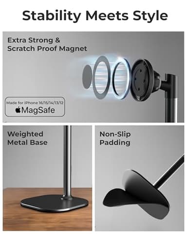 COOPER MagStand - Adjustable Magnetic iPhone Stand for Desk & Phone Holder for Video Recording, Compatible with MagSafe, Stand for iPhone 17 Pro Max, 16/15/14/13/12, Small Mag Safe Tripod (Black) - Image 4