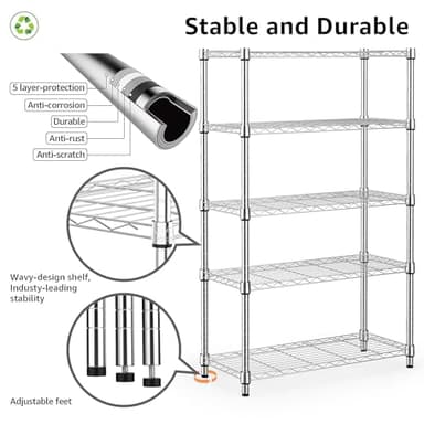 M MZG 1250 lbs Steel Heavy Duty 5-Tier Utility Shelving Unit Steel Organizer Wire Rack for Home,Kitchen,Office,Chrome (13.7" D x 23.6" W x 62.4" H) - Image 4