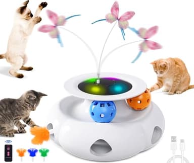 Xuyub 3in1 Interactive Cat Toys Moving Ambush Feather, Spinning Butterfly, Track Balls, Rechargeable Automatic Activated Kitten Toys for Indoor Cats, Cat Feather Toy for All Breeds - Image 1