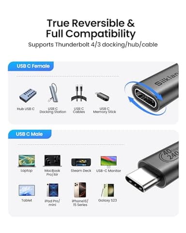 Silkland USB C Extension Cable 40Gbps, [240W Charging/8K/4K@240Hz] USB C Extender 5ft, Braided USB4 Extension Male to Female for Thunderbolt 4/USBC Hub/iPhone16/MacBook/iPad/Pixel/Dell XPS - Image 8
