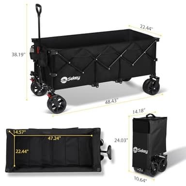 Sekey 48''L Collapsible Foldable Extended Wagon with 440lbs Weight Capacity, Heavy Duty 300L Folding Utility Garden Cart with Big All-Terrain Beach Wheels & Drink Holders. Black - Image 7