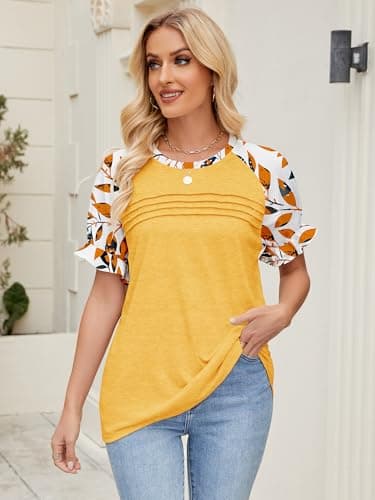 Chulianyouhuo Women's Ruffle Sleeve Tops Summer Crew Neck Casual Pleated Front Blouse Loose Fit Basic Tee Shirt(Yellow S) - Image 2