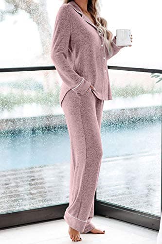 Aamikast Women's Two-piece Classic knit Pajama Sets Long Sleeve Button Down Sleepwear (M, Pink) - Image 3