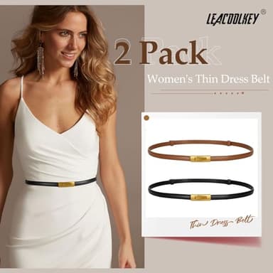 LEACOOLKEY 2 Pack Women Skinny Leather Belts Ladies Vintage Gold Buckle Thin Waist Belts for Dresses Black+Brown - Image 2