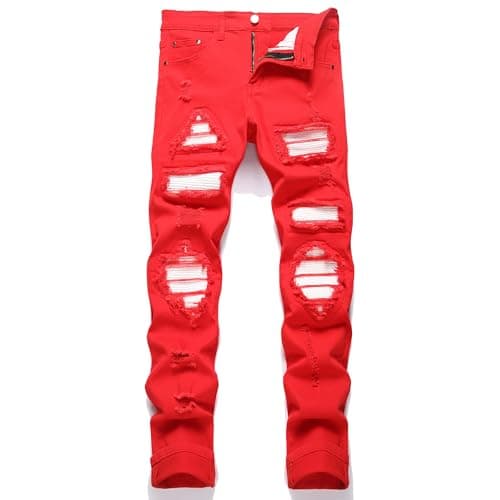 GHYYHG Men's Ripped Patch Elastic Jeans Fashion Slim Fit Regular Denim Pants(40,23831 Red White) - Image 1
