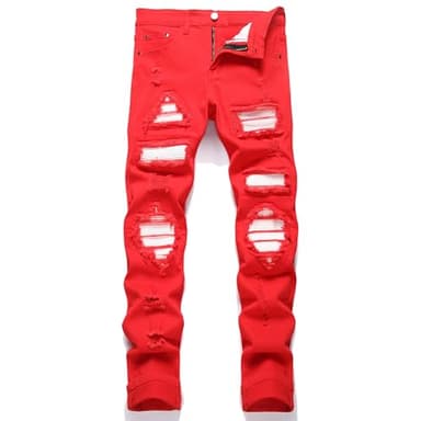 GHYYHG Men's Ripped Patch Elastic Jeans Fashion Slim Fit Regular Denim Pants(40,23831 Red White) - Image 1