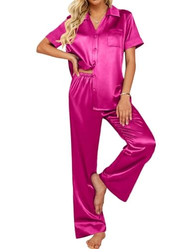 Ekouaer Silk Pajamas for Womens Set 2 Piece Satin Pjs Soft Button Down Sleepwear Wide Leg Long Pants with Pockets Hot Pink - Image 1