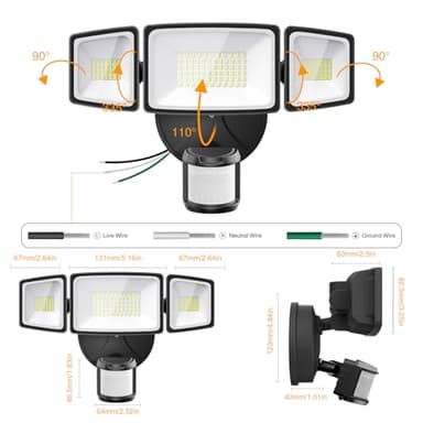 Onforu 65W LED Security Lights Motion Sensor Light Outdoor, 6500LM, 6500K, IP65 Waterproof, Flood Light Outdoor Motion Detector with Adjustable 3 Head, Hardwired Wall Light for Entryway, Yard, Garage - Image 9