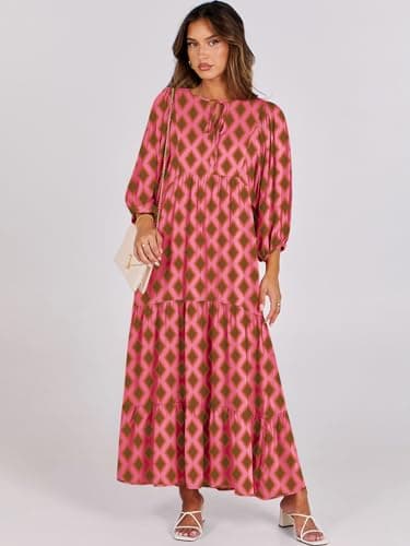 ANRABESS Womens Boho Maxi Dresses 2025 Summer V Neck Puff Sleeve Floral Flowy Swing Fall Casual Long Dress Pink Small - Image 6