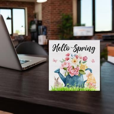 YXSEZ Rustic Wooden Spring Decorative Sign - 5 x 5 Inches - Floral Theme - Tabletop - Hello Spring - Image 6