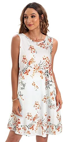 Summer Dresses for Women Beach Floral Tshirt Sundress Sleeveless Pockets Casual Loose Tank Dress(White Orange Floral,XL) - Image 3