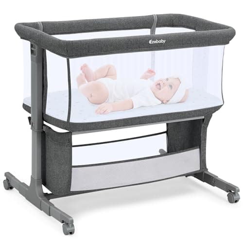 Ezebaby Bedside Bassinet for Baby, Portable Baby Bassinet Bedside Sleeper for Newborn Infants with Wheels Storage Basket, Adjustable 7 Heights and All Mesh Sides - Image 1