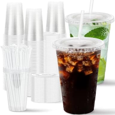 Huifany 100 Pack 16 oz Disposable Plastic Cups with Lids and Straws, Clear Party Coffee Cups for Cold Beverages, Smoothies, Iced Coffee, and Leak-Proof, BPA-Free - Image 1