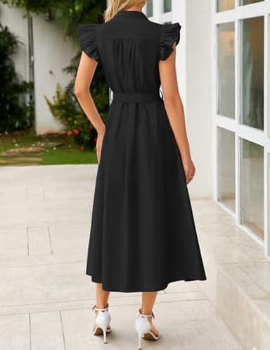 ZESICA Women's 2025 Summer Boho Button Midi Dresses Casual V Neck Flutter Sleeve Belted Long Dresses with Pockets,Black,Large - Image 3