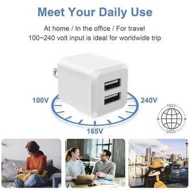 3- Pack, USB Wall Charger, Dual Port USB Cube Power Adapter Charger Plug Block Charging Box, Dual Port Wall Fast Charging Adapter, Compatible for i Phone 15 14 13 12 11 - Image 6