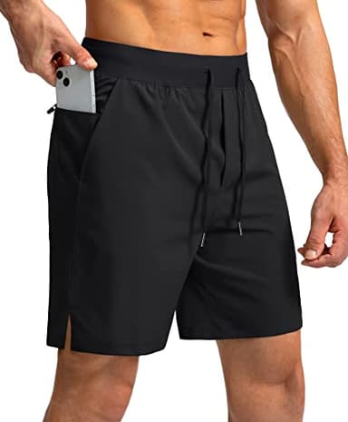 Men's Running Shorts with Zipper Pockets 7 Inch Lightweight Quick Dry Gym Athletic Workout Shorts for Men (Black, L) - Image 1