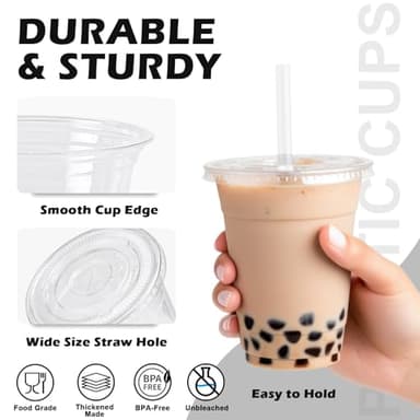 Huifany 100 Pack 16 oz Disposable Plastic Cups with Lids and Straws, Clear Party Coffee Cups for Cold Beverages, Smoothies, Iced Coffee, and Leak-Proof, BPA-Free - Image 3