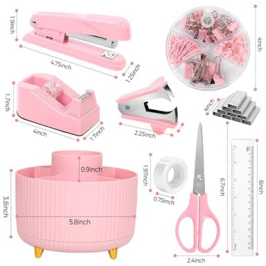 SKYDUE Pink Desk Accessories 10Pcs, Rotating Pen Holder for Desk, Stapler, Staple Remover, Tape Dispenser,2pcs Tape Refills, Binder Paper Clips Kit, Scissor,Pink Office School Supplies - Image 3
