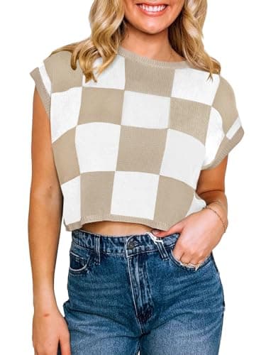 Saodimallsu Womens Cap Sleeve Crop Tops Summer Color Block Going Out Crew Neck Knit Trendy Casual Sweater - Image 2