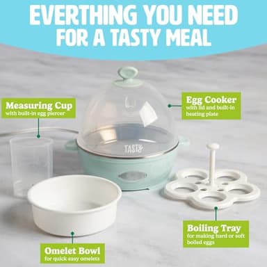 Tasty Mini Rapid Egg Cooker, 5-Egg Capacity for Perfect Hard Boiled Eggs or Omelets, Auto Shut Off, Aqua - Image 5
