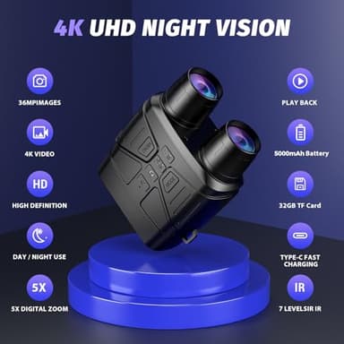 Night Vision Goggles - 4K Night Vision Binoculars with 5000mAh Rechargeable Battery, 32GB TF Card can Save Photo and Video, 3'' HD Screen for Camping & Security, Black - Image 2