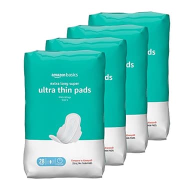 Amazon Basics Ultra Thin Pads with Flexi-Wings for Periods, Extra Long Length, Super Absorbency, Unscented, Size 3, 112 Count (4 Packs of 28) (Previously Solimo) - Image 1