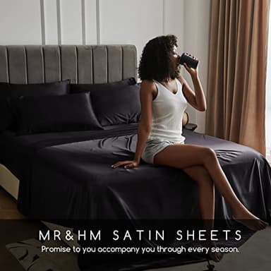 MR&HM Satin Sheets Full Size with Elastic Corner Straps, 4-Piece Silky Bedding Set, Deep Pocket 15 Inches, Good for Hair & Skin (Full, Black) - Image 7