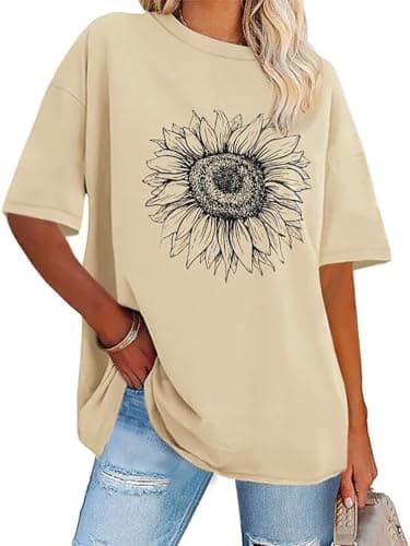 Womens Oversized Tshirt Graphic Tees Crew Neck Summer Short Sleeve Loose Fit Tops (A-Sunflower Print Khaki, L) - Image 1