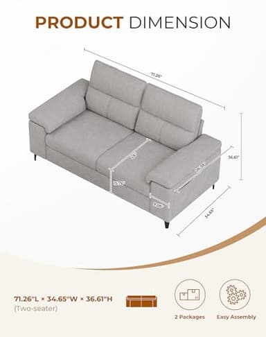 Upvilla 71.25" Modern Couches for Living Room, Deep Seat Sofa with 8” Cushion, Comfy 2-Seater Chenille Loveseat with Convertible Armrest, Removable Sofa Cover, High Leg(Light Gray) - Image 2