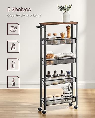 VASAGLE Slim Rolling Cart, 5-Tier Storage Cart, Narrow Carts with Handle, 5.1 Inches Deep, Metal Frame, for Kitchen, Dining Room, Living Room, Home Office, Rustic Brown and Classic Black ULRC034B01 - Image 4