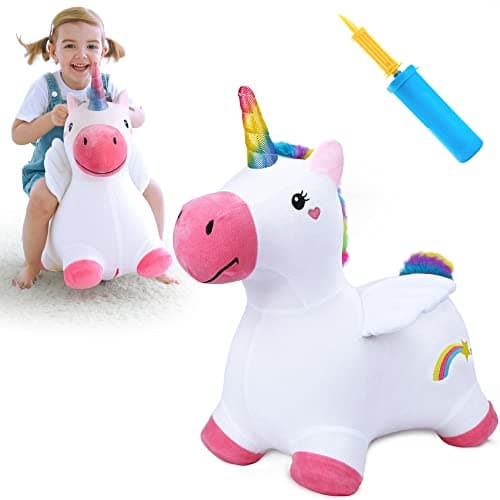iPlay, iLearn Bouncy Pals Hopping Unicorn Horse, Toddler Girl Inflatable Bouncing Animal Hopper Toy, Outdoor Indoor Plush Ride on Bouncer, Baby Birthday Gift 18 Month 2 3 4 Year Old Kid - Unicorn - Image 1
