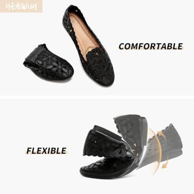 HEAWISH Women's Floral Ballet Flats for Women Black Beige Slip On Flowers PU Leather Round Toe Dress Shoes(Black,US8.5) - Image 3