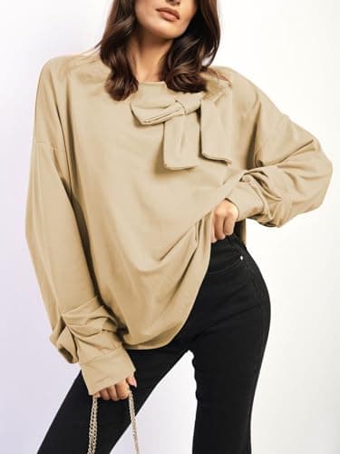 Cakulo 2025 Oversized Sweatshirts for Women Loose Fit Fall Fashion Crewneck Long Sleeve Casual Cute Bow Tunic Tops Khaki M - Image 2