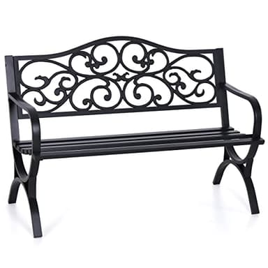 MFSTUDIO 50 Inches Outdoor Garden Bench, Cast Iron Metal Frame Patio Park Bench with Floral Pattern Backrest, Arch Legs for Porch Lawn Garden Yard(Black) - Image 6